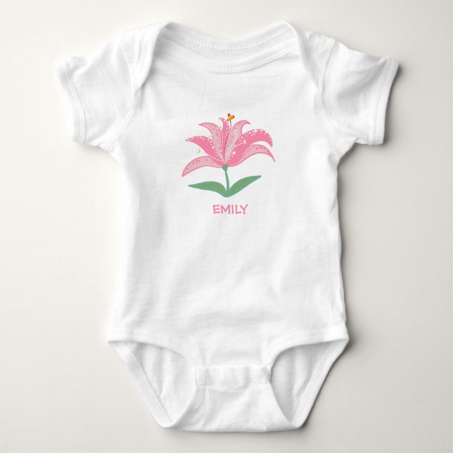 Personalized name pink lily flower baby bodysuit t shirt (Framsida)