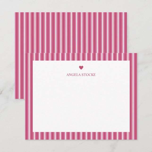 Personalized Name Pink Stripe Heart Anteckningskort (Fram/baksida)