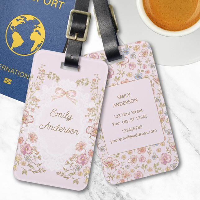 Personalized Name Pretty Vintage Flowers Floral Bagagebricka (In situ)