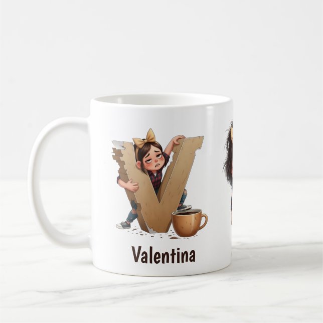 Personalized Name & V Sleepy Morning Plaid Charact Kaffemugg (Vänster)