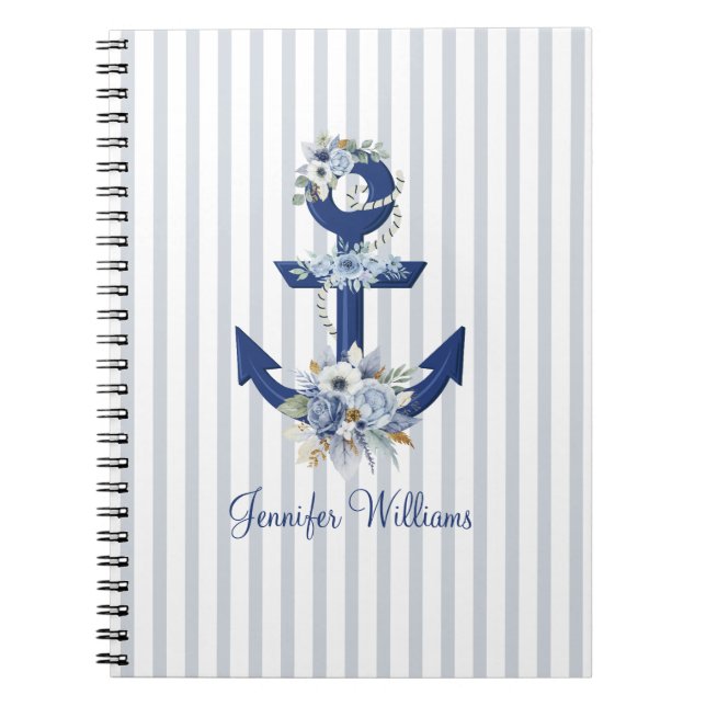 Personalized Nautical Floral Navy Stripes Anteckningsbok (Framsidan)