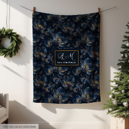 Personalized Navy Blanket Chic Gold Flowers Gift Fleecefilt