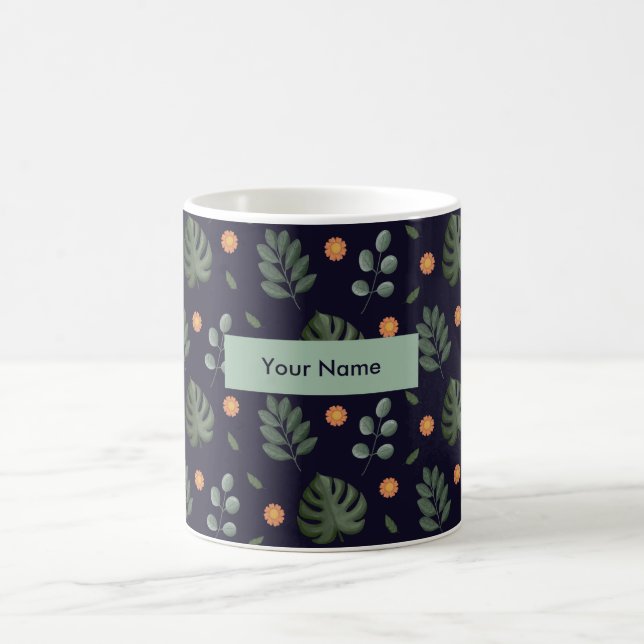 Personalized Navy Blue Botanical Floral Mug Kaffemugg (Center)