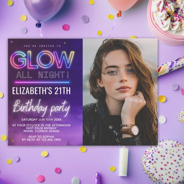 Personalized Neon Glow Birthday Invitation Photo Inbjudningar (Skapare uppladdad)