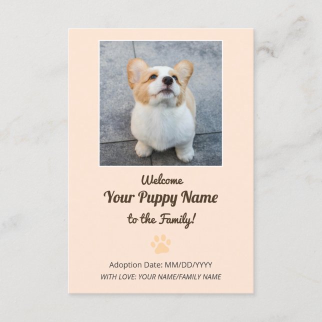 Personalized New Dog Puppy Adoption Photo Meddelande (Framsida)