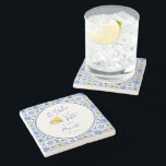 Personalized Newlywed Mediterranean Coastal Home  Stenunderlägg<br><div class="desc">A stone coaster for newlywed's home featuring Mediterranean tile patterns, elegant script calligraphy, and a playful watercolor gelato ice cream design. Inspired by Italian coastal home decor and the sunny charm of the Amalfi Coast, this modern stylish bar accessory captures the spirit of la dolce vita with bright blue and...</div>