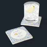 Personalized Newlywed Mediterranean Coastal Home  Stenunderlägg<br><div class="desc">A stone coaster for newlywed's home featuring Mediterranean tile patterns, elegant script calligraphy, and a playful watercolor gelato ice cream design. Inspired by Italian coastal home decor and the sunny charm of the Amalfi Coast, this modern stylish bar accessory captures the spirit of la dolce vita with bright blue and...</div>