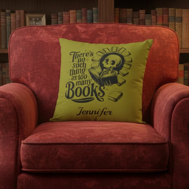 Personalized No Such Thing Too Many Bookworm Kudde (Olive green book worm throw pillow on red velvet chair.)