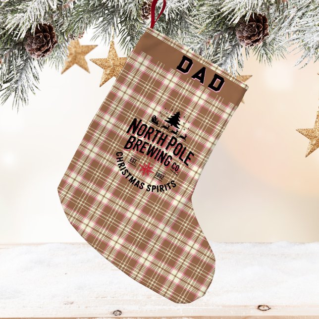 Personalized North Pole Brewing Liten Julstrumpa (🍺 North Pole Brewing Co. 🎄 Rustic plaid, holiday humor & custom charm for Dad or Grandpa!)