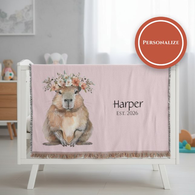 Personalized Nursery Blanket • Capybara Baby Decor Filt (Watercolor nursery blanket with capybara and floral crown on soft neutral background)