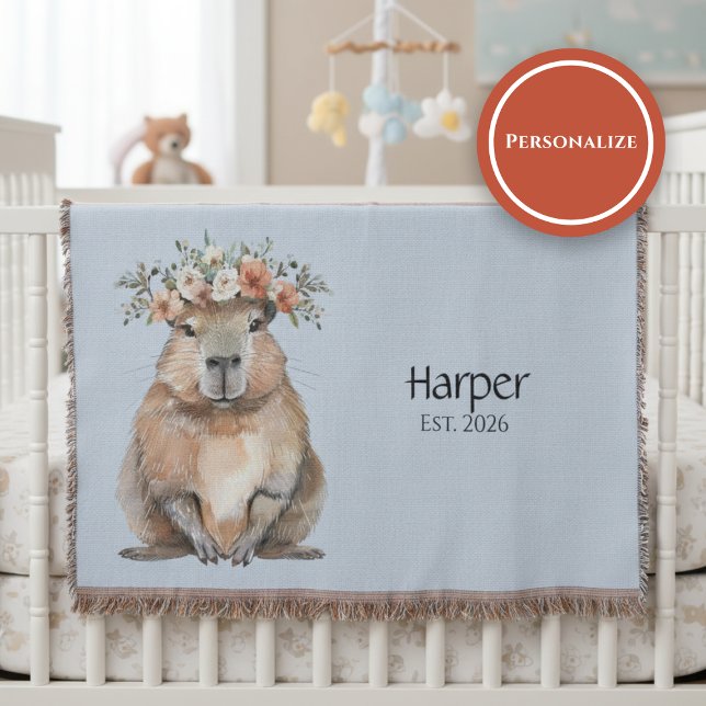 Personalized Nursery Blanket • Capybara Baby Decor Filt (Watercolor nursery blanket with capybara and floral crown on soft neutral background)