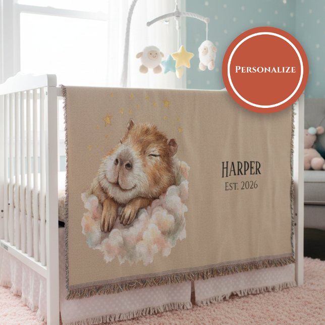 Personalized Nursery Blanket • Sleepy Capybara Filt (Watercolor nursery blanket with sleepy capybara on clouds and stars on warm beige background)