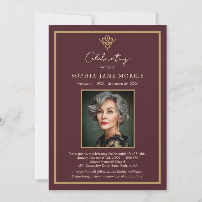 Personalized Old Money Burgundy Funeral Invitation Inbjudningar (Framsida)