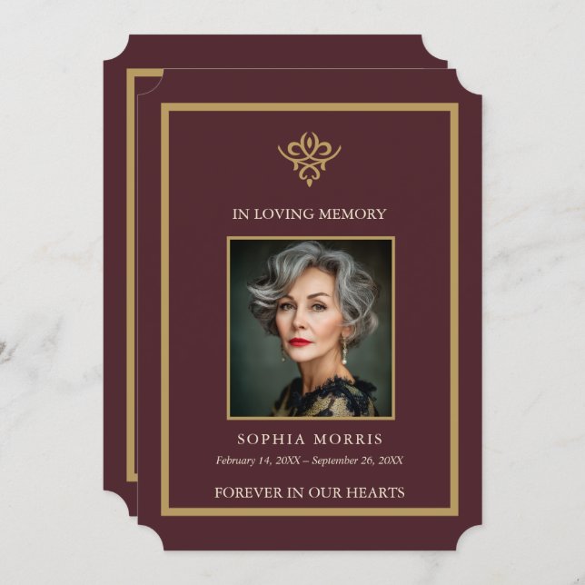 Personalized Old Money Burgundy Funeral Photo  Tack Kort (Fram/baksida)