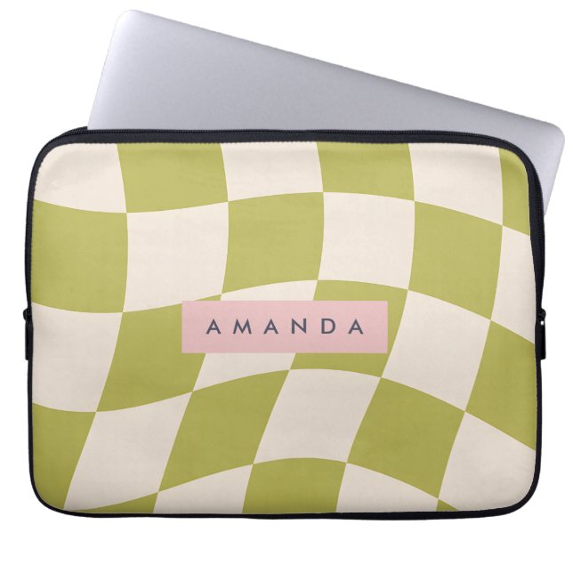 Personalized Olive Green Retro Checkered Wave Laptop Fodral (Framsidan)
