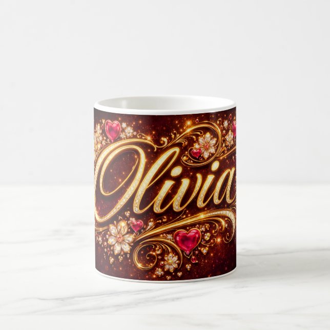 Personalized Olivia Mug Pink Hearts Gold Romantic  Kaffemugg (Center)