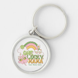 Personalized One Lucky Mama Groovy Rainbow Rund Silverfärgad Nyckelring