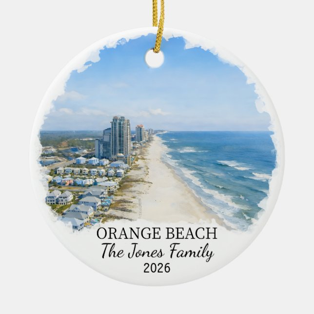 Personalized Orange Beach Ornament, Custom Alabama Julgransprydnad Keramik (Framsidan)