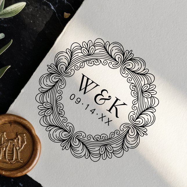 Personalized Ornate Wreath Wedding Monogram & Date Stämpel (Skapare uppladdad)