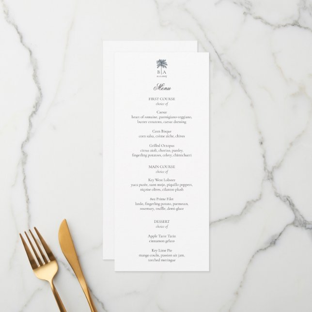 Personalized Palm Tree Beach Elegant Wedding Menu Meny (Fram/Back In Situ)