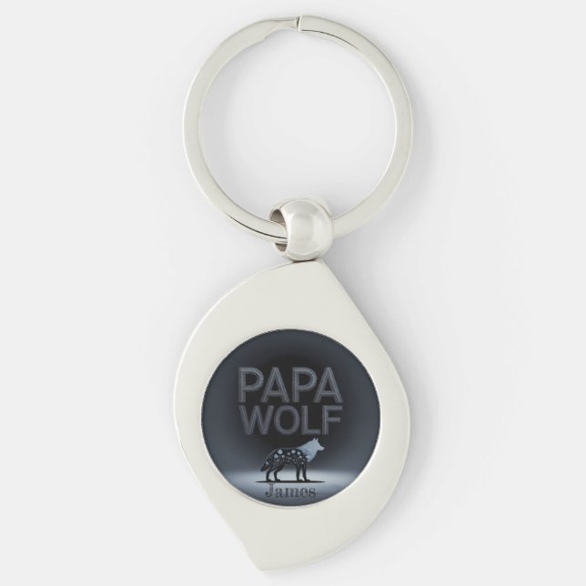 Personalized Papa Wolf Nature Silhouette Swirl Silverfärgad Nyckelring (Framsidan)