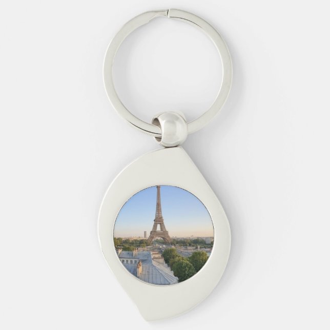 Personalized Paris City Skyline Souvenir  Swirl Silverfärgad Nyckelring (Framsidan)