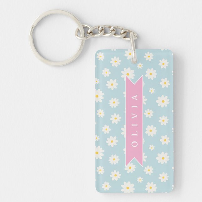 Personalized Pastel Blue Daisy Coquette Girly Cute Nyckelring (Framsidan)