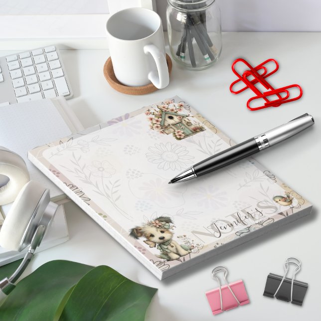 Personalized Pastel Dog & Floral Birdhouse Spring Anteckningsblock (Skapare uppladdad)
