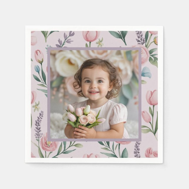 Personalized Pastel Floral Photo Birthday Girl Pappersservett (Framsidan)