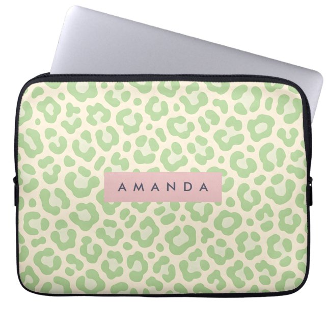 Personalized Pastel Mint Green Leopard Print Laptop Fodral (Framsidan)