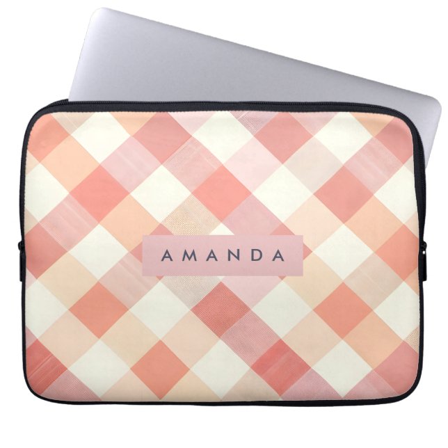 Personalized Pastel Peach Checkered Modern  Laptop Fodral (Framsidan)