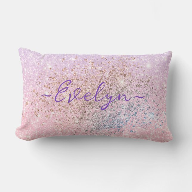 Personalized pastel pink blue glitter lumbarkudde (Framsida)