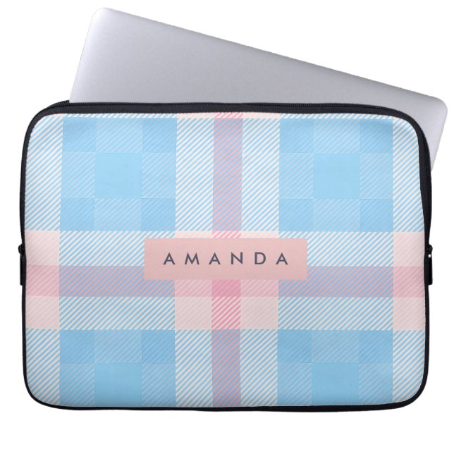 Personalized Pastel Sky Blue and Blush Pink Plaid Laptop Fodral (Framsidan)