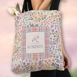 Personalized Patchwork Floral & Plaid Tote Bag Tygkasse