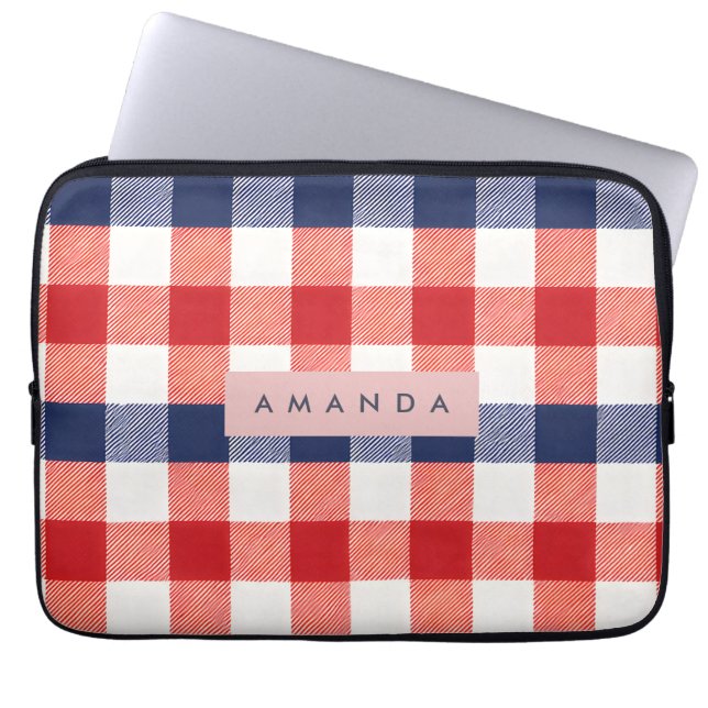 Personalized Patriotic Red, White & Blue Gingham Laptop Fodral (Framsidan)