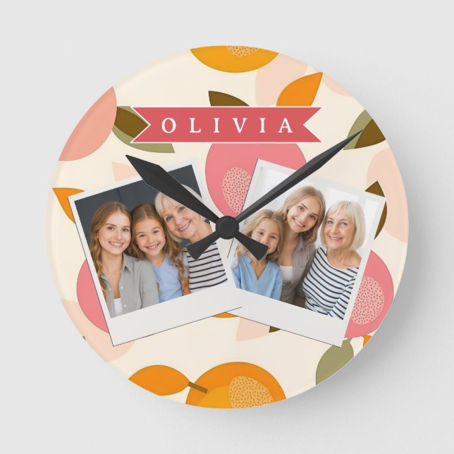 Personalized Peach Pattern Cute Retro Summer Rund Klocka (Framsida)