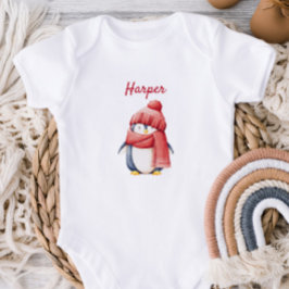 Personalized Penguin in Red Hat Baby Bodysuit T Shirt