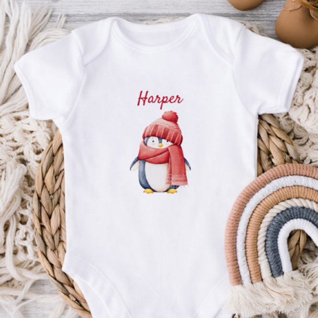 Personalized Penguin in Red Hat Baby Bodysuit T Shirt (Skapare uppladdad)