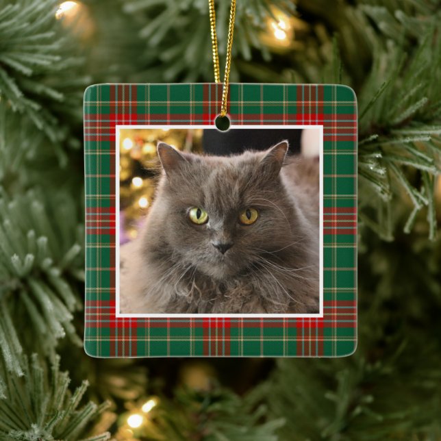 Personalized Pet Cat Dog Christmas Plaid Julgransprydnad Keramik (Träd)