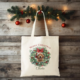Personalized Pet Christmas with Wreath & Name Tote Tygkasse