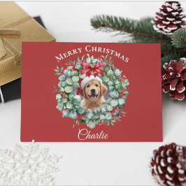Personalized Pet Christmas with Wreath & Name Vykort