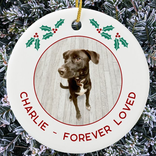 Personalized Pet Dog Memorial Christmas Photo Julgransprydnad Keramik (Personalized pet name and text dog photo memorial forever loved Christmas ornament)