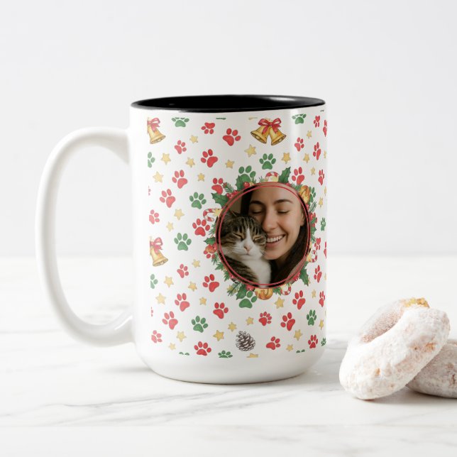 Personalized Pet Photo Christmas Paw Print Mug Två-Tonad Mugg (Med munk)