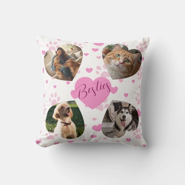 Personalized Pet Photo Collage Pink Hearts Kudde (Framsida)