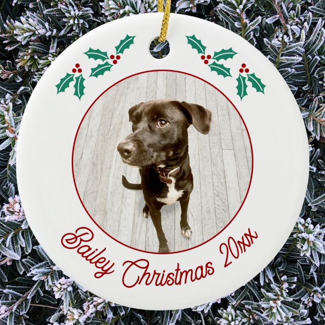 Personalized Pet Puppy Dog Christmas Photo Julgransprydnad Keramik (Personalized custom name year puppy dog photo Christmas ceramic ornament for animal lovers)