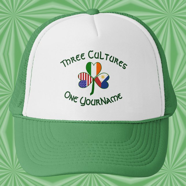 Personalized Philippines Ireland USA Flag Shamrock Keps (Trucker hat with a personalized Philippines‑Ireland‑USA Three Cultures shamrock.)