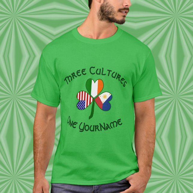Personalized Philippines Ireland USA Shamrock Men T Shirt (Men’s t-shirt featuring a personalized Philippines‑Ireland‑USA Three Cultures shamrock.)