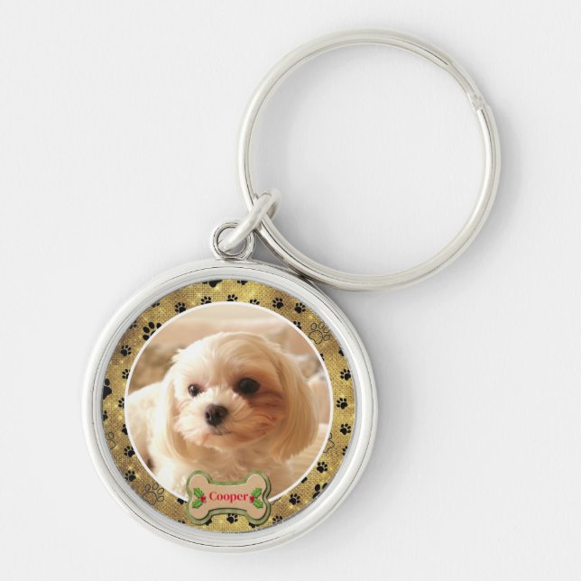 Personalized Photo Dog - Paw Print Design Rund Silverfärgad Nyckelring (Framsidan)
