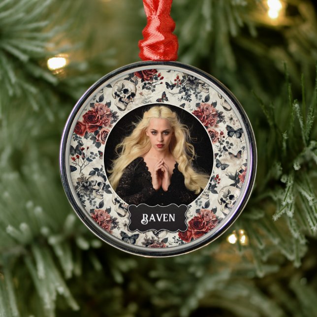 Personalized Photo Gothic Rose and Skull Christmas Julgransprydnad Metall (Träd)
