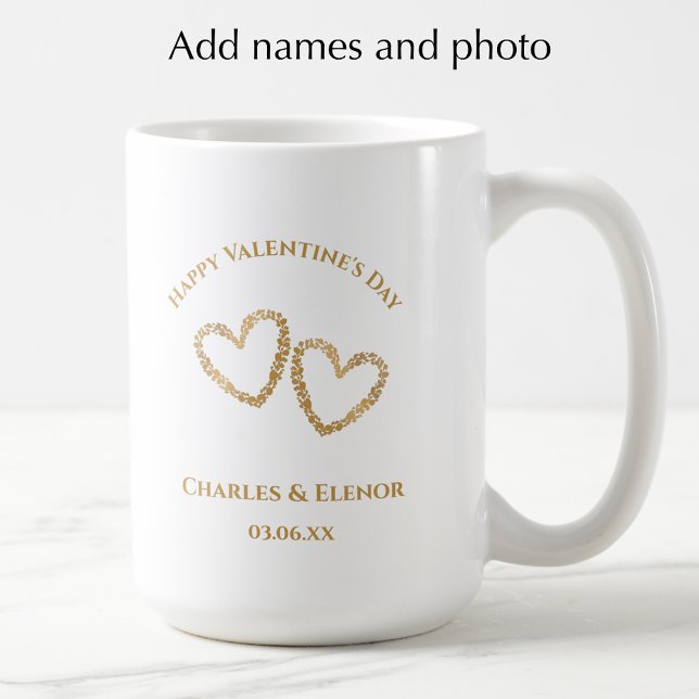 Personalized Photo Keepsake Valentines Day Gift Kaffemugg (Add couples names, photo, and custom text. Create a unique heart Valentines Day keepsake gift.)